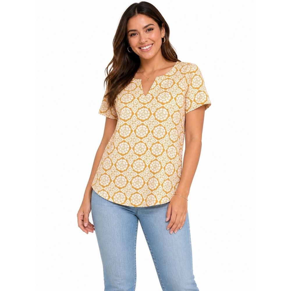 Croft & Barrow XL Yellow Floral Print V‎ Neck Cotton Short Sleeve Top